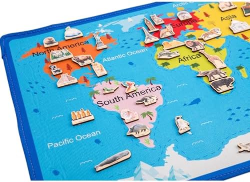 Montessori Continents Playmat with Matching Wooden Cards, World Map Matching Game for Kids 4-8 Years Old, Educational Play Mat, Geography Learning Activity Toy with 41 Animals & Landmarks - Image 2