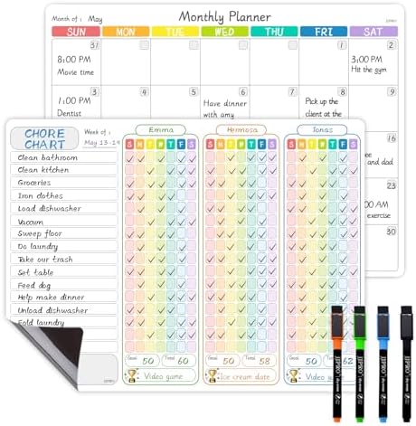 JJPRO Magnetic Chore Chart and Monthly Calendar Set for Fridge - Dry Erase Chore Board for Multiple Kids,Monthly Calendar, Behavior Chart for Multiple Kids,4 Extra Fine Tips Markers Included! by JJPRO