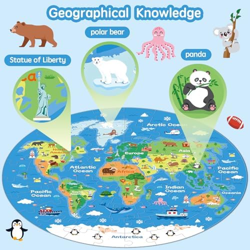 72 Piece World Map Jigsaw Puzzle for Kids 3-5, 4-6 Globe Round Floor Puzzles Geography Educational Birthday Gifts Learning Resource Educational Montessori Toys (World Map) - Image 3