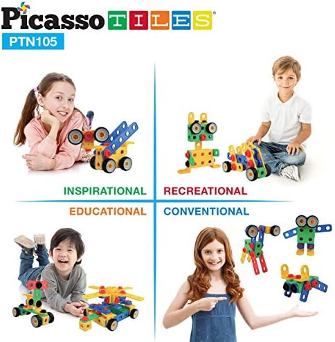 PicassoTiles STEM Learning Toys 105 Piece Building Block Set Kids Construction Engineering Kit Toy Blocks Children Early Education Playset w/IdeaBook, Power Drill, Clickable Ratchet, Age 3+ PTN105 - Image 6