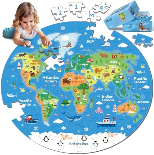 72 Piece World Map Jigsaw Puzzle for Kids 3-5, 4-6 Globe Round Floor Puzzles Geography Educational Birthday Gifts Learning Resource Educational Montessori Toys (World Map) by Ppotyo