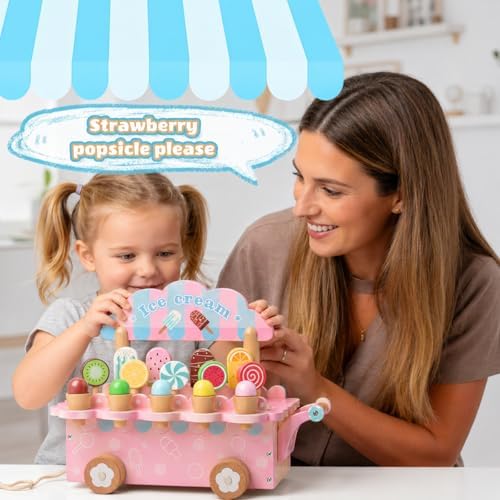 BROWNROOT Wooden Ice Cream Cart, Pull Along Pretend Play Toy for Kids - Image 6