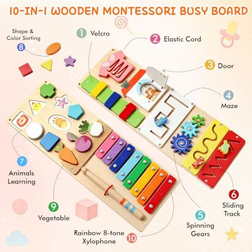 Montessori Busy Board for Toddlers 1-3, 2 Pcs Wooden Sensory Activity Board - Image 5