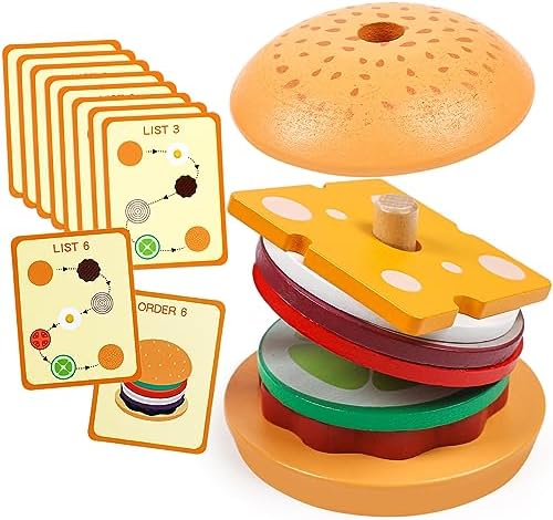 Kizh Wooden Burger Sorting Stacking Toy for Toddlers - Preschool Montessori Educational Fine Motor Toys for Kids Boys Girls by Kizh