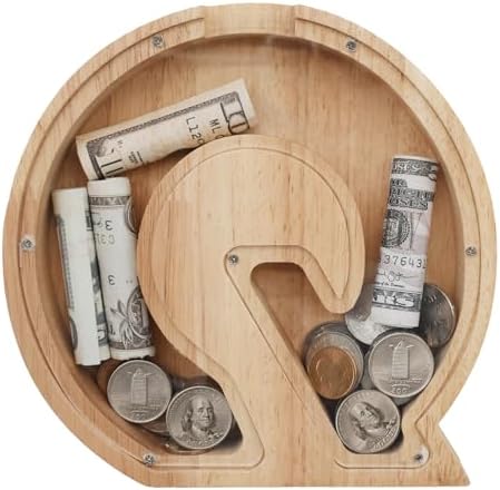 Wooden Letter Piggy Bank for Kids Boys Girls, A-Z Letters Wood Coin Bank Money Box, Piggy Bank for Toddler Family Christmas Birthday Gift(Q) by FINDAMAZE