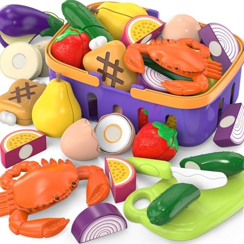 Cutting Play Food Toy with Grocery Basket, Pretend Play Kitchen Accessories by MOEAWS