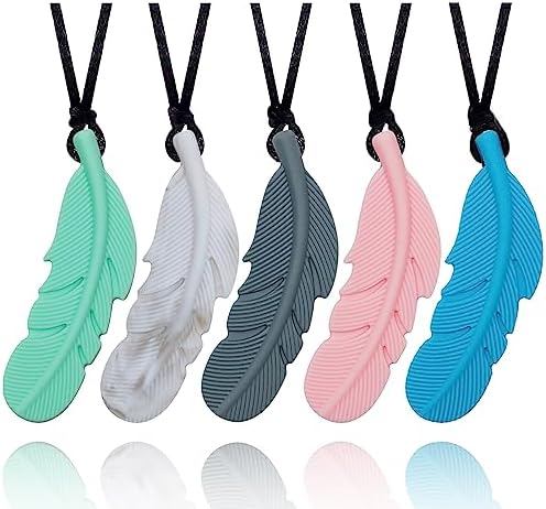 Sensory Chew Necklace for Kids, Boys and Girls, 5 Pack Silicone Feather Chewy Necklaces for Autism, ADHD, Chewing, Oral Motor Chewable Pendant for Mild Chewers by Atsky