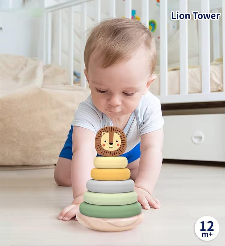 Wooden Ring Stacker Toy for 1 Year Old - Montessori Toys for 1 Year Old Boy and Girl, Stacking Rings with Lion Topper, Baby Toy 12-18 Months, Fine Motor Skills, 1st Birthday Gift - Image 5
