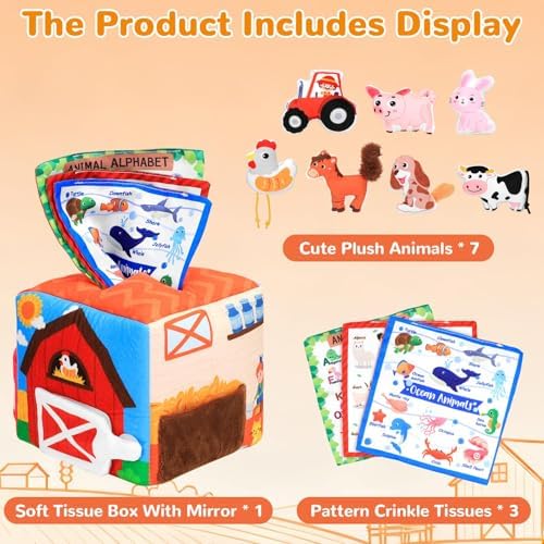 Baby Tissue Box Toy Farm Crink Plush,Whats Inside Box Montessori Toys with Rattle,Crinkle,Mirror for Babies 6 9 12 18 Months Early Developmental Infant Sensory Learning Toys Newborn Gifts - Image 3