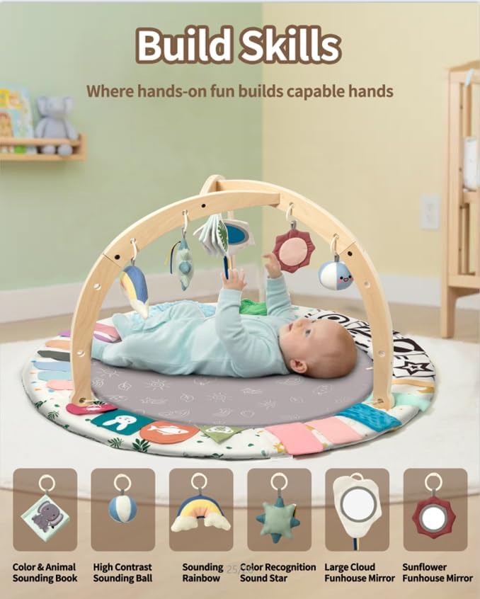 Baby Play Gym Mat with 5 Development Zones, Montessori Tummy Time Mat with 6 Detachable Sensory Toys for Motor Skills Development, Newborn Activity Gym for Babies, Easy Clean, Baby Essentials Gift - Image 2