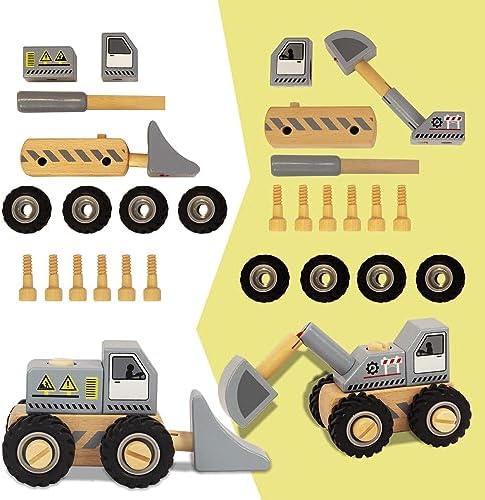 Construction Vehicles for Toddlers, 2 Pcs Wooden Detachable Assemble Bulldozer and Excavator, Kids Vehicle Toys Hand Push Car Toys for 3 Years Old Boys Girls - Image 3