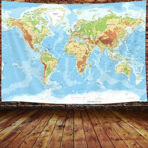 World Map Tapestry for Kids Student, World Map with Countries and Major Cities Tapestries Educational Asia Europe South City Topography America Africa Japan Wall Tapestry 90X70 Inch(Blue) by JAWO
