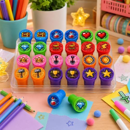 Cinrobiye 24 Pcs Pixel Stampers Party Favor Set, Cute Pixel Art Stamps for Kids Birthday Party, Classroom Rewards, Gaming Themed Party Supplies, Goody Bag Fillers, Retro Pixel Toys - Image 3