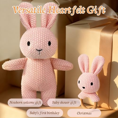 12" Handmade Crochet Rabbit Stuffed Animal, Baby-Safe Cotton Plush with Rattle, Hypoallergenic Toy for Newborns 0-12 Months, Ideal Baby Shower & 1st Birthday Gift - Image 4