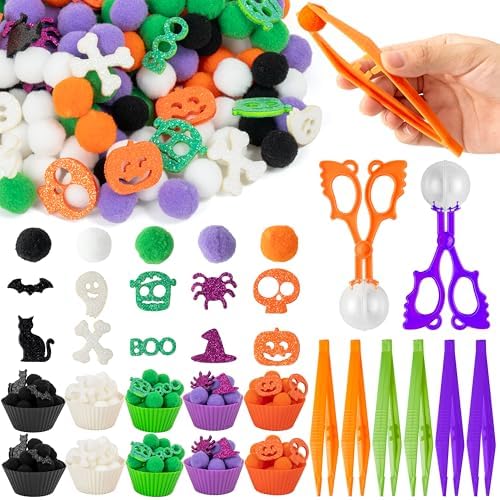 EZdhuawuse Halloween Sensory Bin Fillers - 269P Halloween Fine Motor Toys Sorting Stacking Toys for Kids, Glitter Felt Pumpkin Black Cat Hat Pom Poms for Preschool Education Early Development Activity by EZdhuawuse