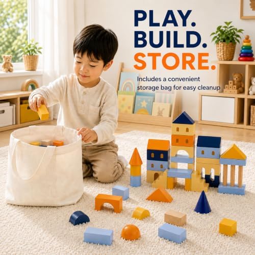 155-Piece Blue Wooden Building Blocks Set with Storage Bag - Image 5
