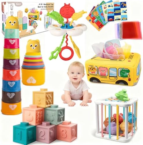 Baby Toys 6-12 Months, Montessori Toys for 1 Year Old, Silicone Pull String Teether Toy, Stacking Building Blocks Infant Toddler Toy 0-3, Shape Bin Sensory, Baby Boys&Girls Gifts Set by Unknown