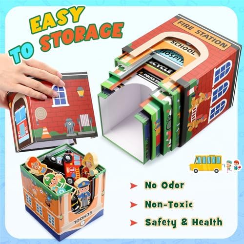 Baby Stacking Toys for Toddlers, Magnetic Wooden Cars & Garage Sorting Community Helpers Preschool Educational Learning Montessori Toys Birthday Gifts for Kids Number Blocks Nesting Boxes - Image 6