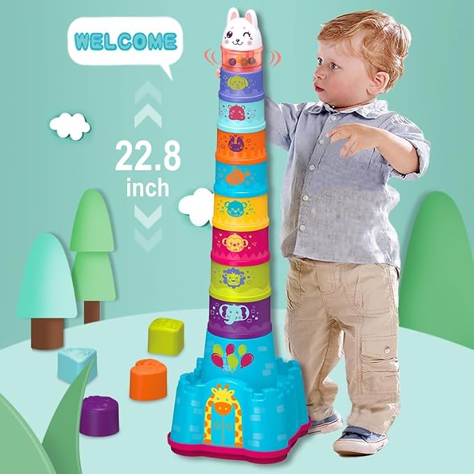 LTKFFFdp Baby Stacking Toys for Toddlers 1-3, Nesting Cups Shape Sorter for Infant 6 to 12-18 Month, Stackable Learning Toy with Blocks, Rattle & Frog Bath Toy, for Girl Boy Birthday - Image 7
