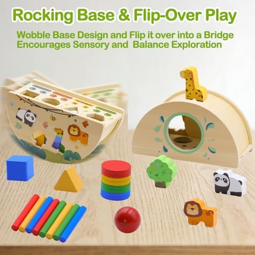 Montessori Busy Box for Toddlers 1-3, Wooden Object Permanence Coin Box with Shape Sorter & Animal Matching, Fine Motor Sensory Learning Toy with Wobble Base, Gift for 1 2 3 Year Old - Image 4