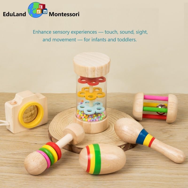 Wooden Sensory Musical Instrument Set Toy for Toddlers, Rattle with Rainstick, Maracas, Sand Ball, Hand Bell, Drum Rattle, Kaleidoscope, Infant Toy, Birthday Gift for Boys & Girls - Image 6