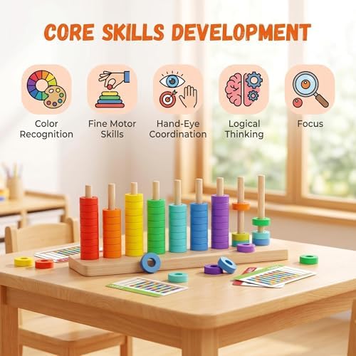 Color Sorting & Stacking Game with Challenge Cards for Kids, Wooden Color Matching Game with 40 Patterns(Easy & Hard), Fine Motor Skills Learning Montessori Toy, Preschool Educational Gift for Kids - Image 4