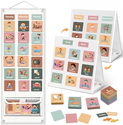 Large Visual Schedule for Kids Chore Reward Chart,Bedtime Routine Chart for Toddlers,Double Side Schedule Board with 109 Cards for Home School Planner,Autism Learning Materials (White) by Godery