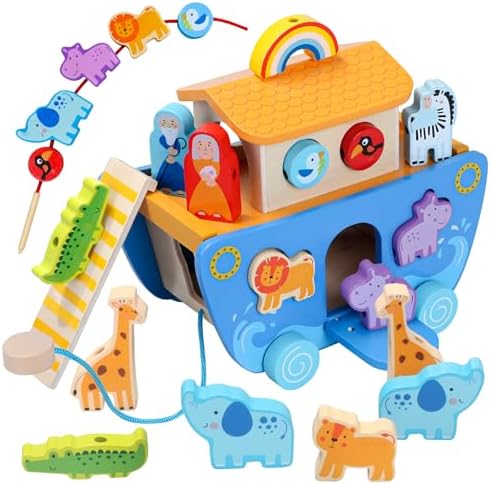 Wooden Noahs Ark Toy with Animal|Baby Baptism Gifts for Boys and Girl by Tooysea