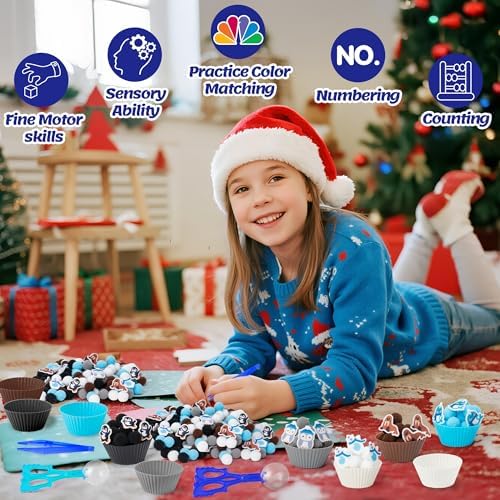 EZdhuawuse Winter Animals Sensory Bin Fillers - 267Pcs Winter Fine Motor Toys Colorful Counting Sorting Toys for Kids, Felt Polar Bear Sea Lion Pom Poms Cup Clip for Preschool Education Activities - Image 6