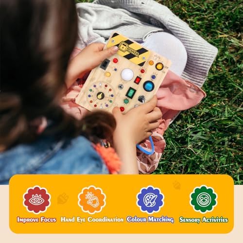 Hoarosall Montessori Toys Clock Wooden Busy Board with 11 LED Light switches, Tooddler Sensory Travel Toys for 1+ Year Old Baby and Toddler - Image 5