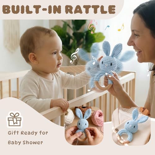 Moyii Natural Wooden Baby Rattle - Organic Crochet Bunny Teether Ring - Montessori Sensory Grasping Toy for Infants 0-12 Months, BPA-Free Handmade Newborn Shower Gift - Image 4