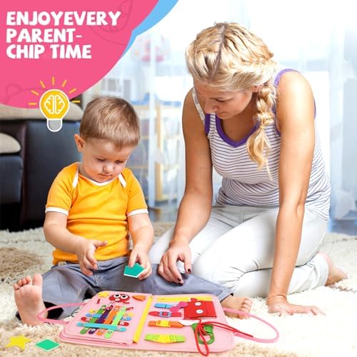 Toddler Busy Board, Montessori Sensory Toys for Boys, 3-8 Year Old Girl Toddler Travel Toys, Educational Learning Activities Board for Motor Skills, Birthday Gifts for Airplane Car, Pink - Image 7
