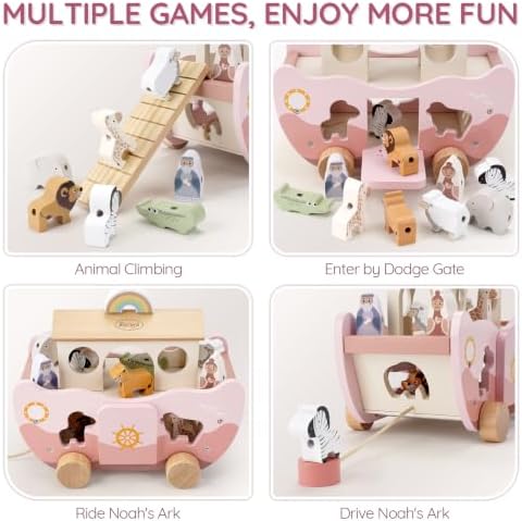 Joyreal Pink Wooden Noah's Ark Toy for 1 Year Old Baby Girl Baptism Gifts - Image 5