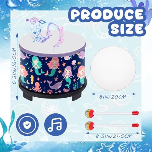 Boao Kids Floor Tom Drum with 2 Rainbow Mallets for Over Age 6 Year, Wooden Percussion Instrument Music Drum Set 8'' W x 6.5'' H Toys Educational Kids' Instruments for Birthday Gift(Mermaid Style) - Image 2