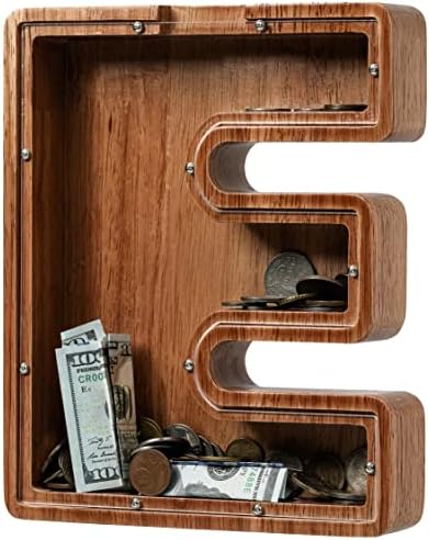 Piggy Bank for Kids Boys Girls, Wooden Large Letter Piggy Bank Alphabet Money Bank with Initial E, Coin Bank Fun Gifts for Birthday, Christmas, Festival, Baby Shower by Ladenk