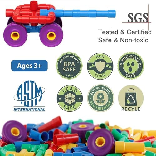 ZOZOPLAY STEM Learning Toy Tubular Pipes & Spouts & Joints 64 Piece Build Bicycle, Tank, Scootie, Moter Skills Endless Designs Educational Building Blocks Set for Kid Ages 3+ Multicolor - Image 5