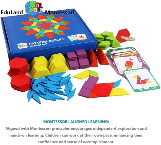 Math/Sensorial - Shapes Construction Set 155 Pcs Wooden Pattern Blocks Geometric Shape Puzzle Classic Educational Montessori Tangram Shapes Toys for Kids Ages 3-8 with 24 Pcs Cards - Image 7
