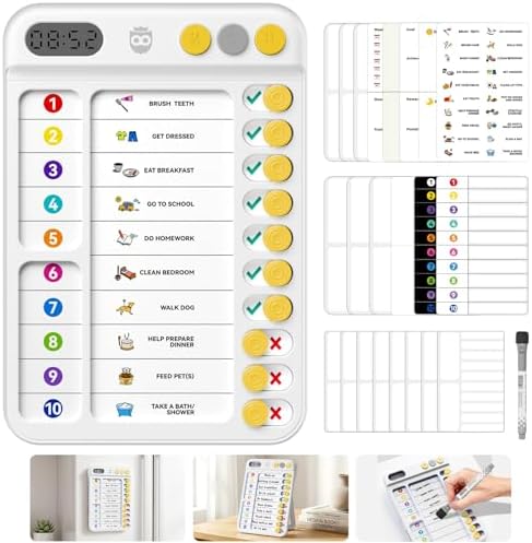 Chore Chart for Kids with Visual Timer, ADHD Tools Visual Schedule Planning Board with Slider, 20 Personalizable Cards and Magnetic Marker, Morning/Bedtime/Daily Routine Chart Checklist - White by Home