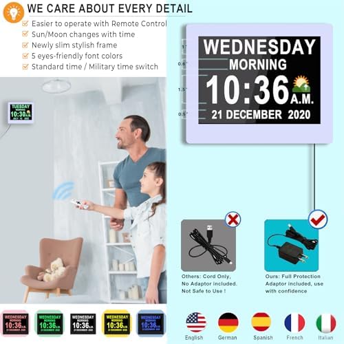 MASSII 8 Inch Extra Large Upgraded Dementia Clock 19 Alarms with Auto DST, 20 Custom Reminders,10-Level Auto Dimmer, 6 Display Modes, Digital Clock with Date and Time, 8" White with Remote - Image 4