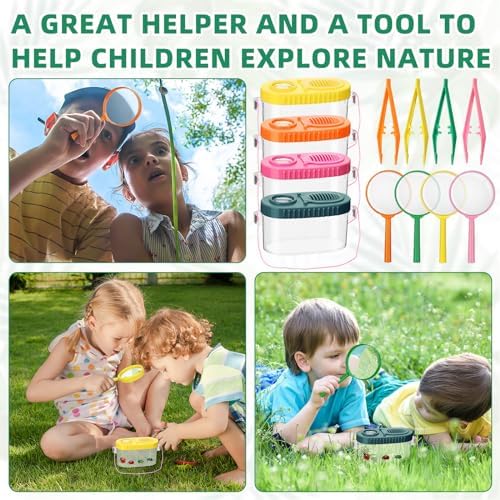 Halloscume 4 Sets Bug Collection Kit for Kids, Explorer Outdoor Kit with Bug Containers for Insects, Magnifying Glass, Tweezers, Nature Exploration Gift Toy for Girls Boys(4 Colors) - Image 5