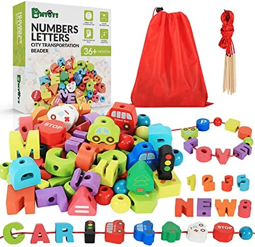 BMTOYS Wooden Lacing Toy Alphabet Number Threading Beads for Boys Girls Age 3 4 5 6 Montessori Educational Learning Birthday Gift by BMTOYS
