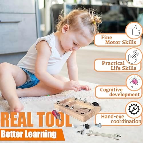 Montessori Screwdriver Board Set, Real 17 Pcs & 12 Holes Fine Motor Skills 3 4 5 +Kids Patience Basic Life Skill Educational Wooden STEM Toys for Toddler Preschool Materials Busy Sensory Tools - Image 3
