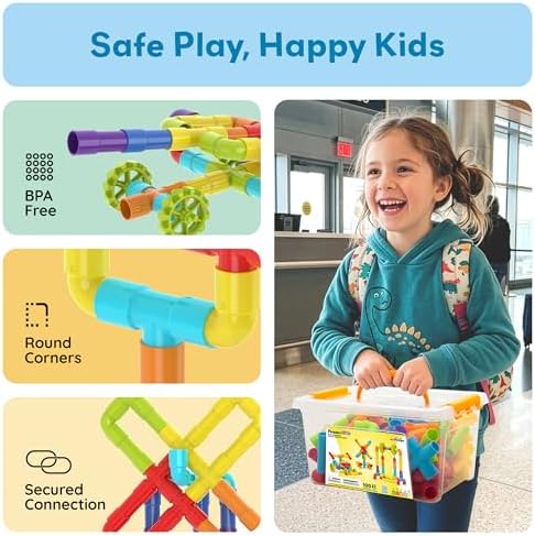 PicassoTiles 100PCS STEM Pipe Building Playset Interlocking Tube Construction Toy with Wheels and Clear Storage Box Educational Learning Toys for Preschool Montessori Kids Age 3+ Boys and Girls PTT139 - Image 6