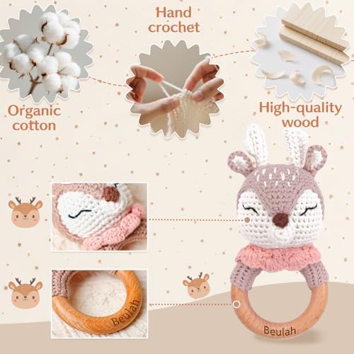 ​​DJAFS Wooden Baby Rattle Handmade Crochet Animal Organic Sensory Toy for Teething Newborns, Infant Grip Trainer & Safe Baby Shower Gift​​ (Customization Options) - Image 3