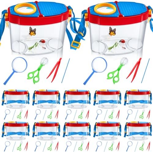 Soulchen 12 Set Bug Catcher Kit for Kids Educational Bug Catching Kit Including Insect Transfer Tweezers Magnifying Glasses Sticks Observation Cages Shoulder Straps, Summer Outdoor Toys by Soulchen