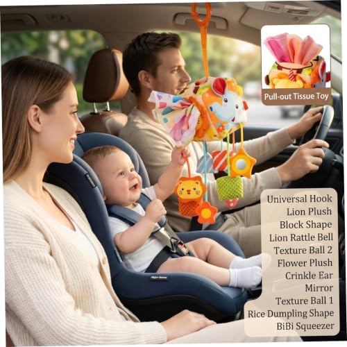 Baby Tissue Box Toy, Montessori Car Seat Toys for Babies - Detachable Hanging Pram Toy with Sensory Attachments, Orange - Image 4