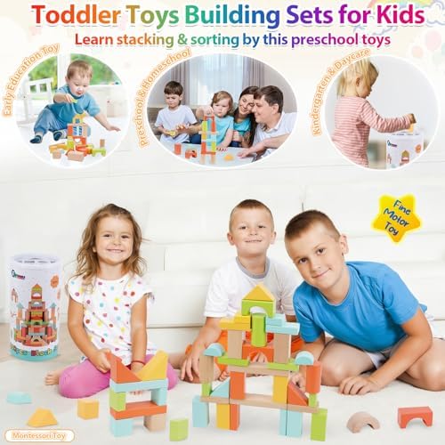 FCSONU Wooden Building Blocks for Toddlers 1-3, 100Pcs Kids Wood Blocks Set - Image 6