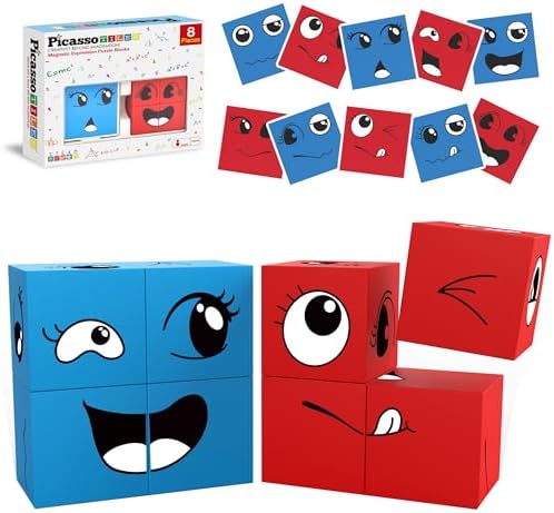 PicassoTiles Magnetic Expression Puzzle Toy Building Block Mix & Match Cubes Cubes Magnet Sensory Toys Pre-School Gifts Educational STEM Learning Kit for Kid, Baby Toddler Age 3 and Up 8 Pieces PMC08 by PicassoTiles