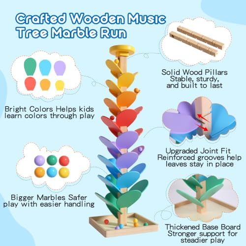 GOTOOFUN Wooden Marble Run Music Tree, Tumble Leaf Montessori Rainbow Singing Tree with Sound, Includes Top Storage Lid and 12 Wooden 2cm Balls, Color Sorting STEM Learning Toy, Gift for Kids - Image 4