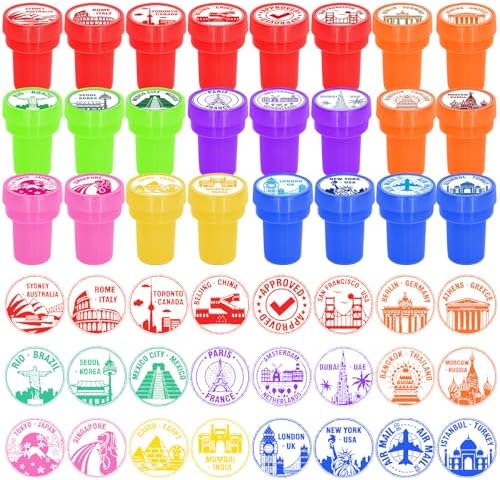 Cinrobiye 24 Pcs Adventure Travel Stampers Party Favor Set, Fun Bon Voyage Travel Stamps for Kids Birthday Party, Classroom Rewards, Carnival Prizes, Goody Bag Fillers, Travel Themed Party Supplies by Cinrobiye